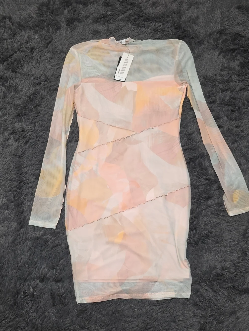 Guess- Sheer Long-Sleeve Mesh Bodycon Dress in Poetic Floral. NWT. Size M